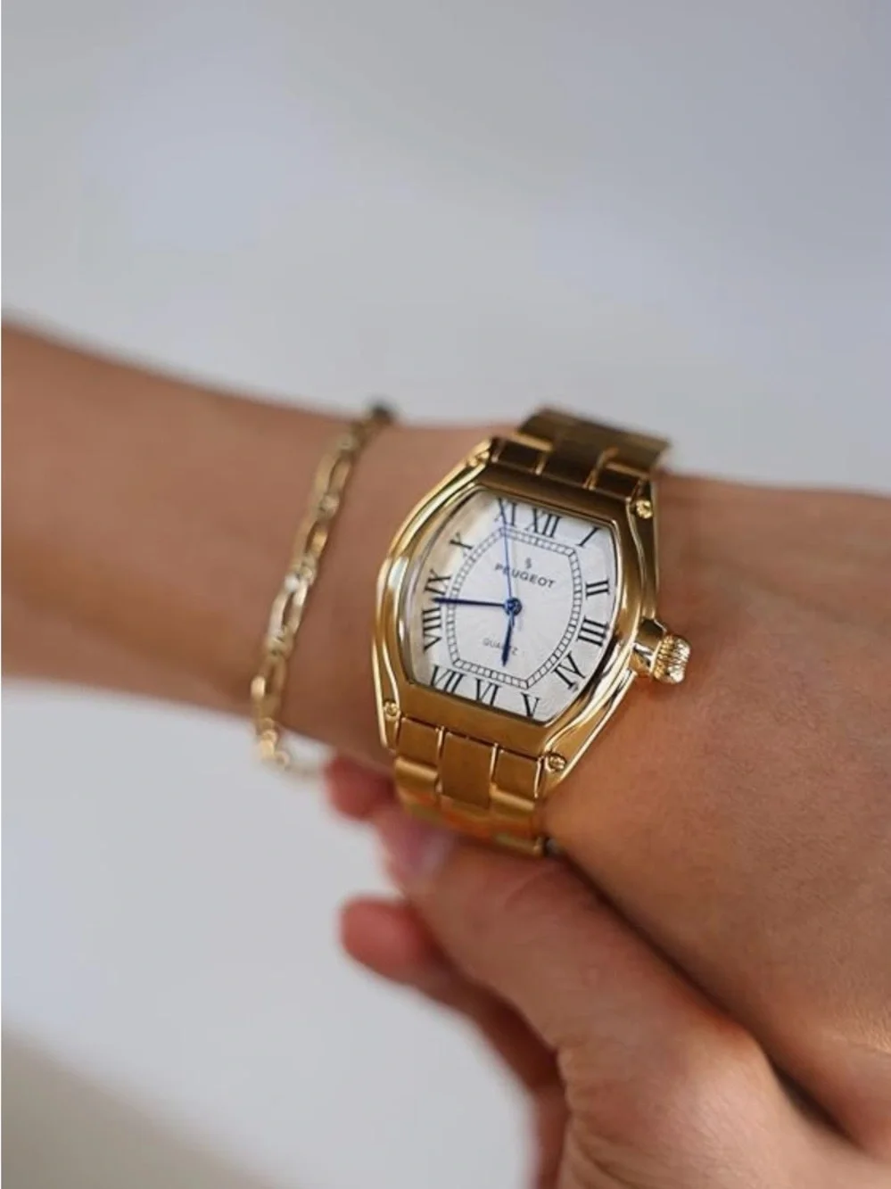 Peugeot GoldTone Tank Women’s Roman Numeral Bracelet Dress Watch Luxury Inspired